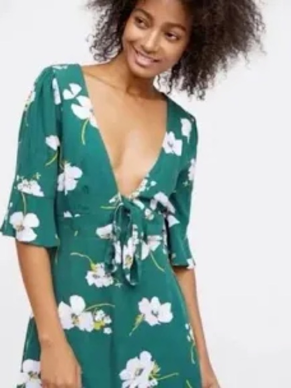 Free People Teal Green Floral Tie-Front Mini Dress